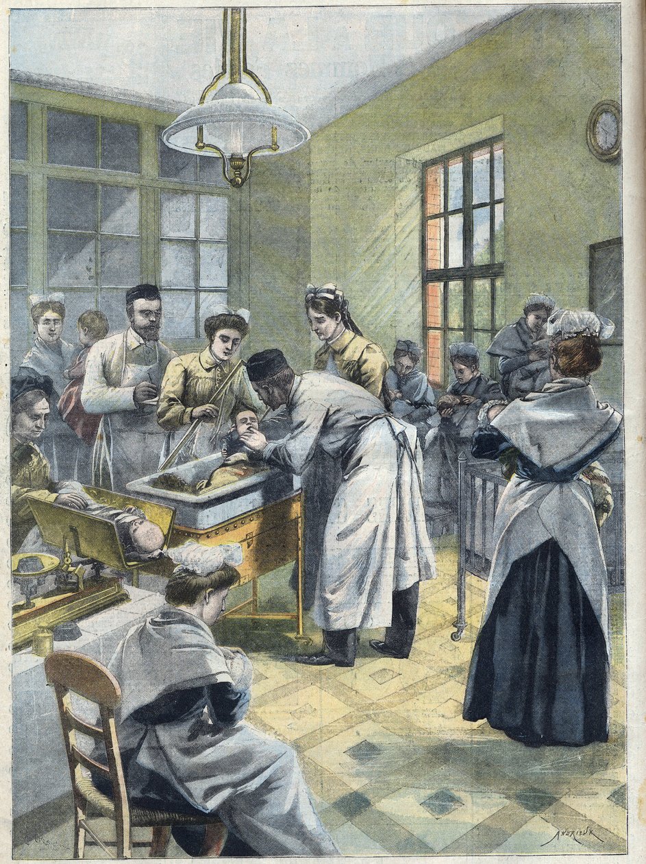 Spædbørn på depotet des Enfants Assistes rue Denfert Rochereau (Denfert-Rochereau) i Paris placeres i en kuvøse. Lægerne og sygeplejerskerne tager sig af for tidligt fødte eller debilly babyer i "Le Petit Parisien" af French School