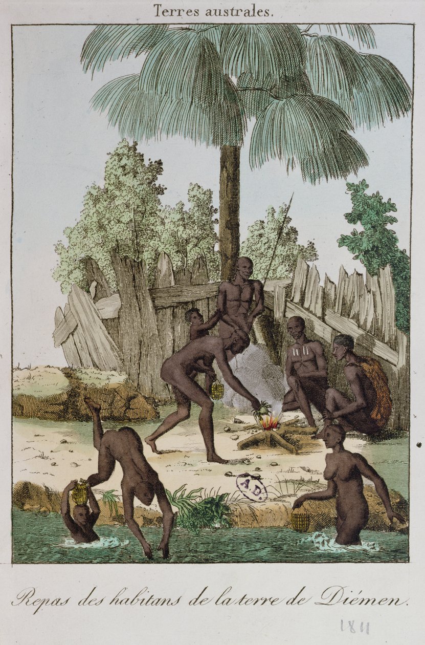 Indbyggere i Diemen forbereder et måltid, 1811 af French School