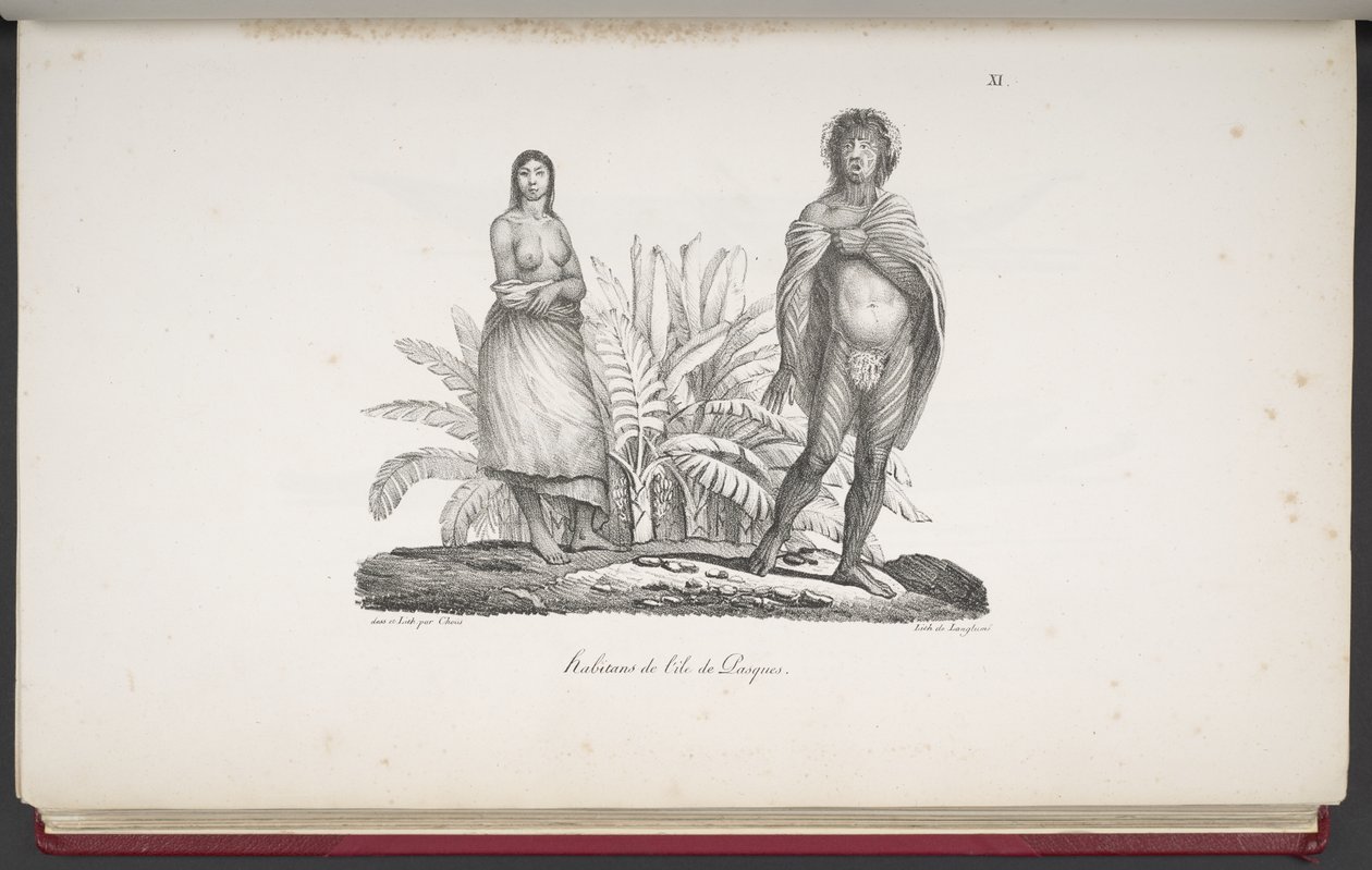Indbyggere på Paaskeøen, fra En malerisk Rejse Jorden rundt, med Portrætter af Vilde fra Amerika, Asien, Afrika og Øerne i Det Store Ocean; landskaber, havudsigt og flere naturhistoriske genstande; ledsaget af d af French School