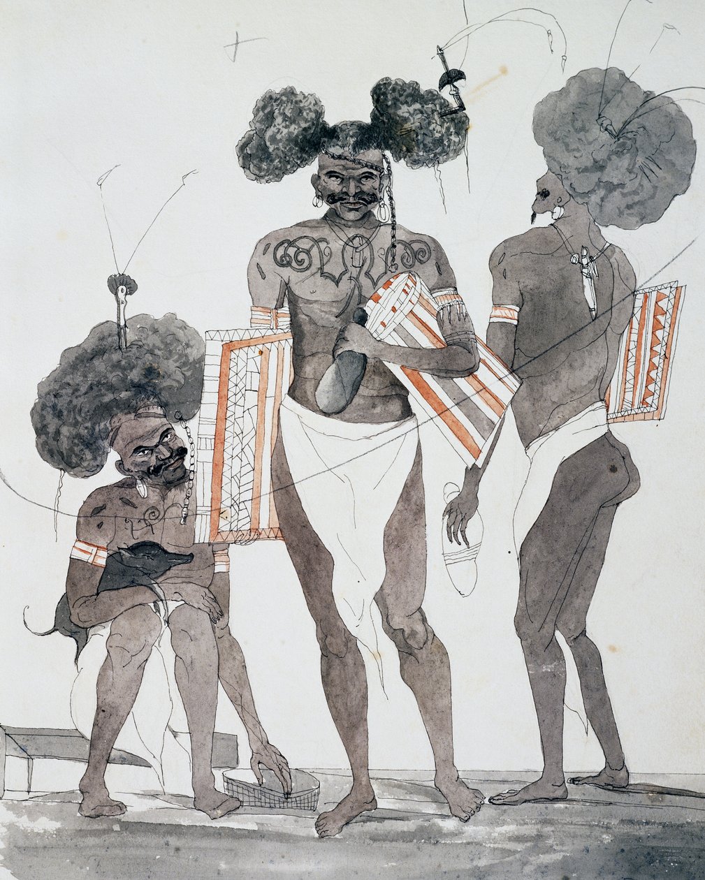 Inhabitants of Port Dori, akvarel af Jules-Louis Lejeune, baseret på Voyage around world af French School