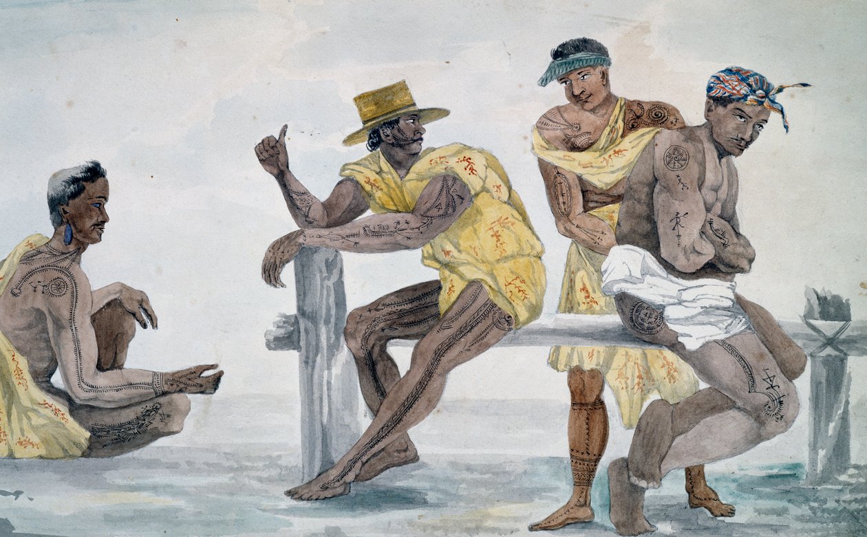 Inhabitants of Tahiti, Society Islands, akvarel af Jules-Louis Lejeune, baseret på Voyage around world af French School