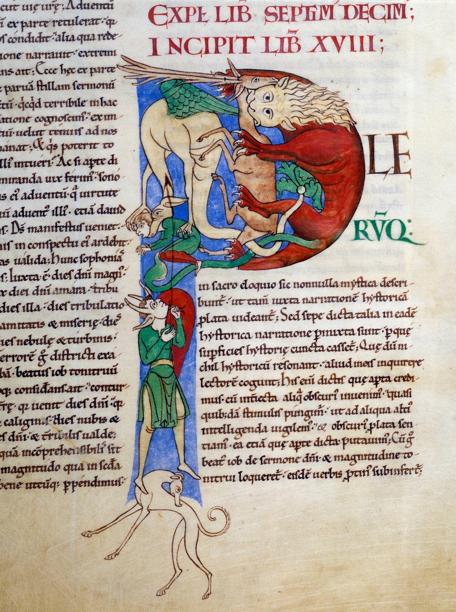 Initial P (lettrine): gærdjævelens mund i helvede. Miniature fra manuskriptet "Moralia in Job", Morales sur Job af Saint Gregoire, fra klosteret i Citeaux. af French School
