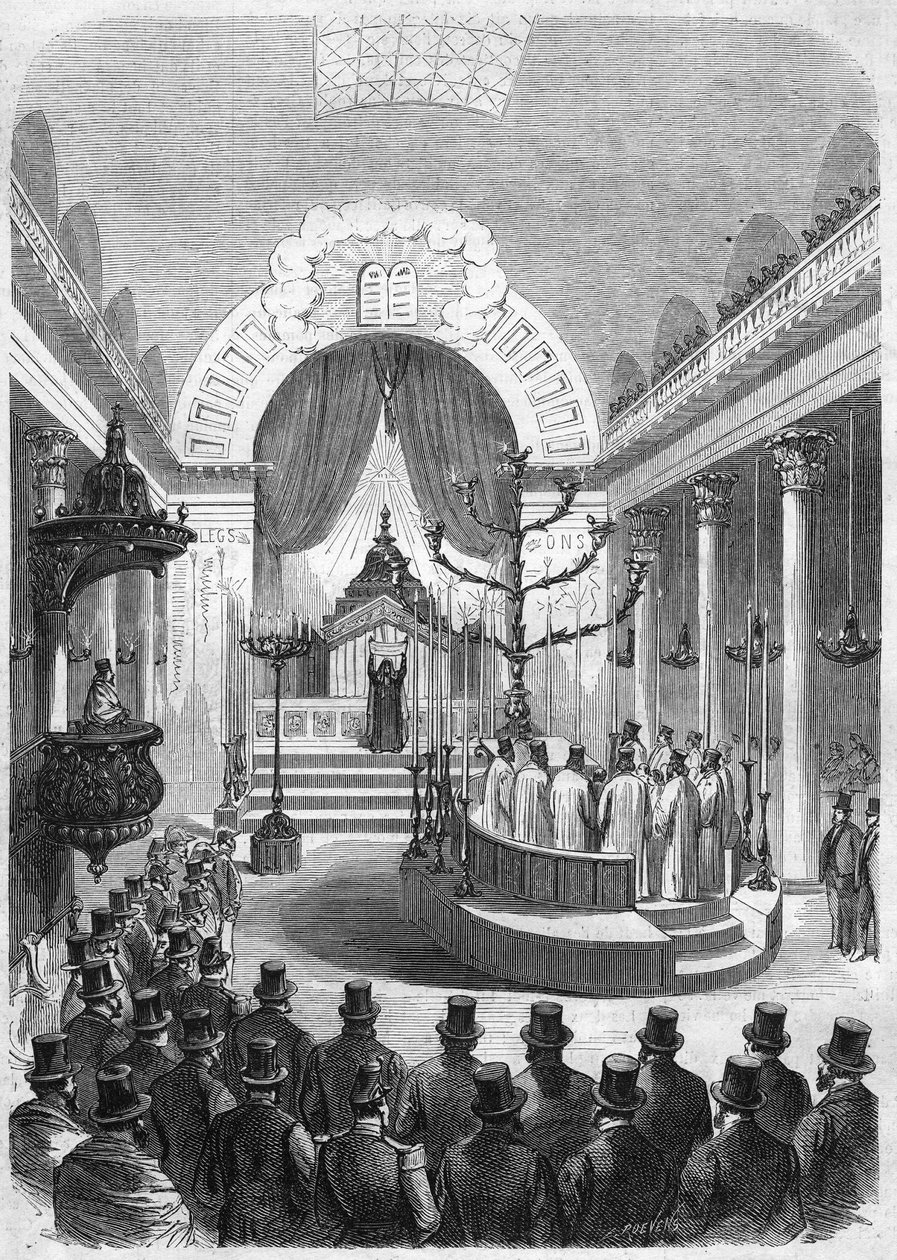 Installation af overrabbineren for værnepligten i Bordeaux, i synagogen i byen i 1864. Indgravering fra hr. Duffets skitse. af French School