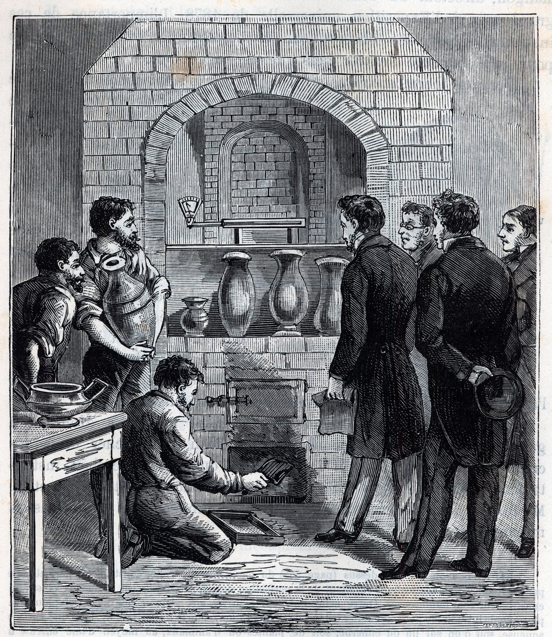 Installation af pyrometeret af Alexandre Brongniart (1770 -1847) fransk videnskabsmand ved fremstillingen af ​​Sevres - Indgravering i "Sciences mise à la gratete de tous - physics et chimie populaire"" af Alexis Clerc - Slutningen af ​​det 19. århundrede. af French School