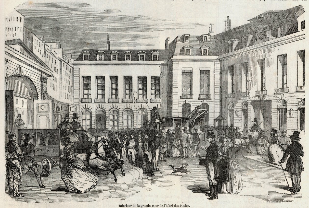 Interiør af den store gårdhave til Hôtel des Postes i Paris - Indgravering i "Tableau-de-Paris" af Edmond Texier 1852 af French School
