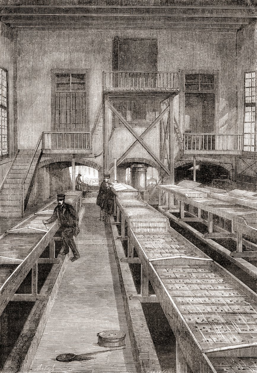 Interiør af en fiskefarm fra det 19. århundrede i Huningue, Frankrig, fra Les Merveilles de la Science, udgivet ca. 1870 (gravering) af French School
