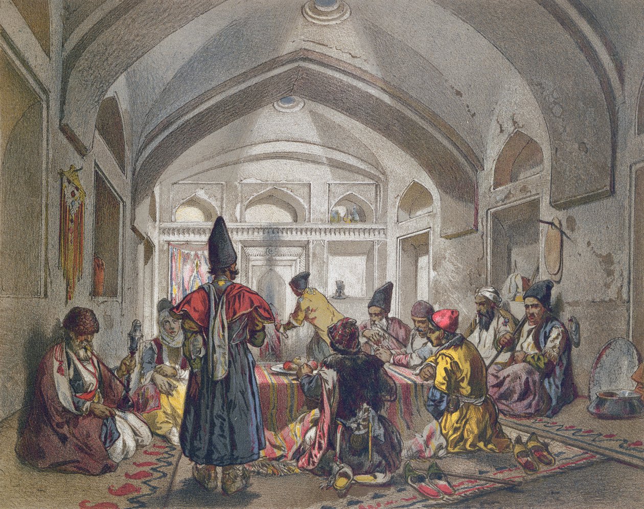 Interiør af en Caravanserai i Persien, midten af det nittende århundrede af French School