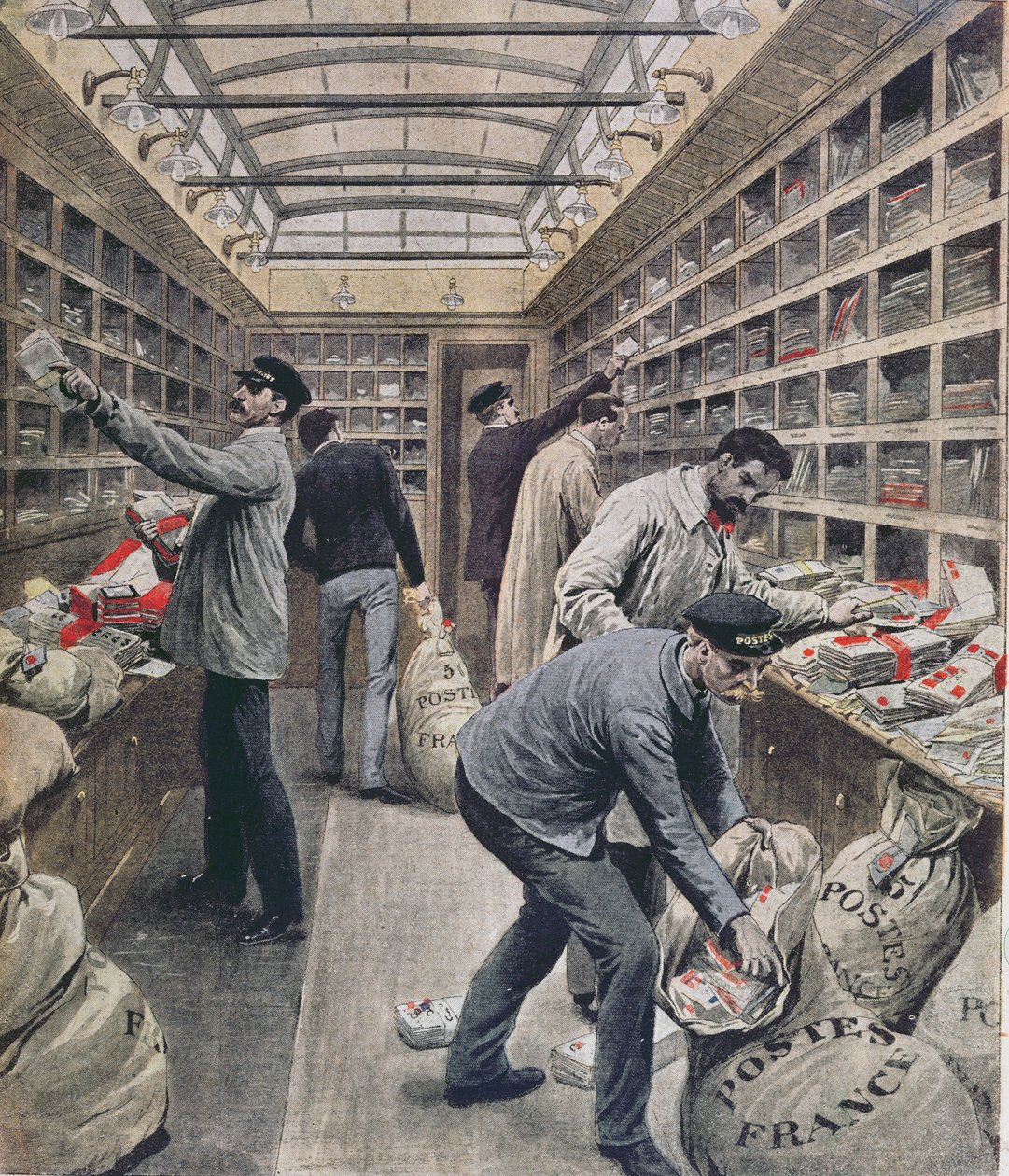 Interiør af en fransk jernbanepostvogn på tidspunktet for den franske poststrejke i 1909, illustration fra Le Petit Journal, 28. marts 1909 af French School