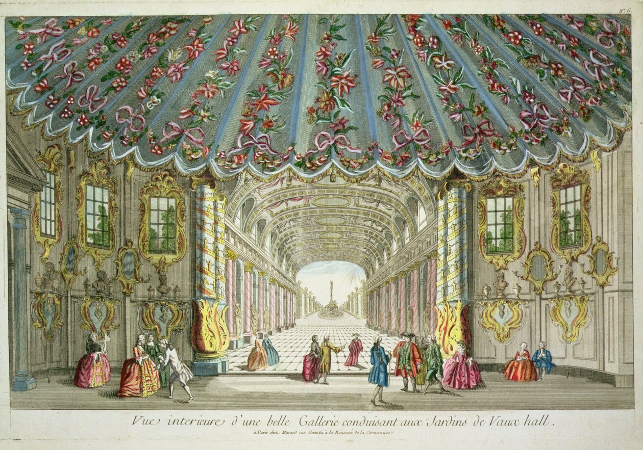 Interiør af et galleri, der fører til Vauxhall Gardens af French School