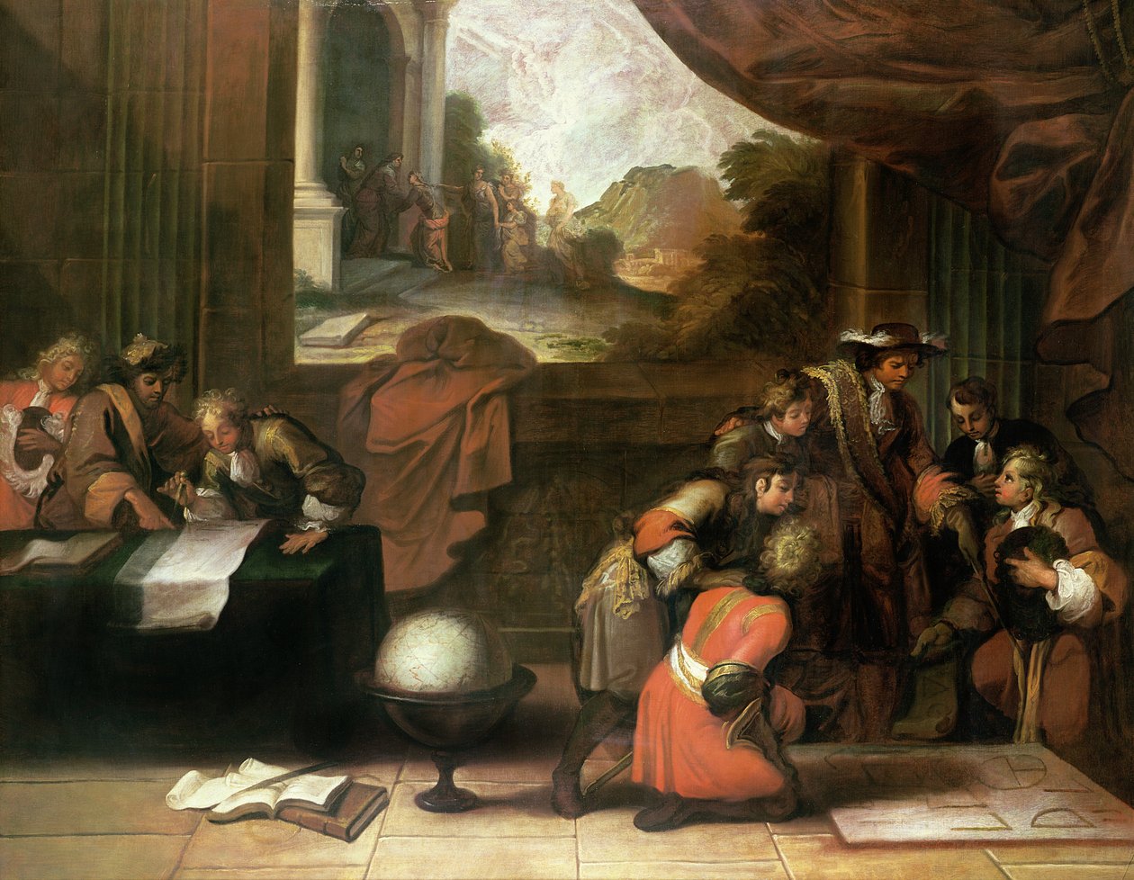 Interiør af et rum med geografer og matematikere, ca. 1680-90 af French School