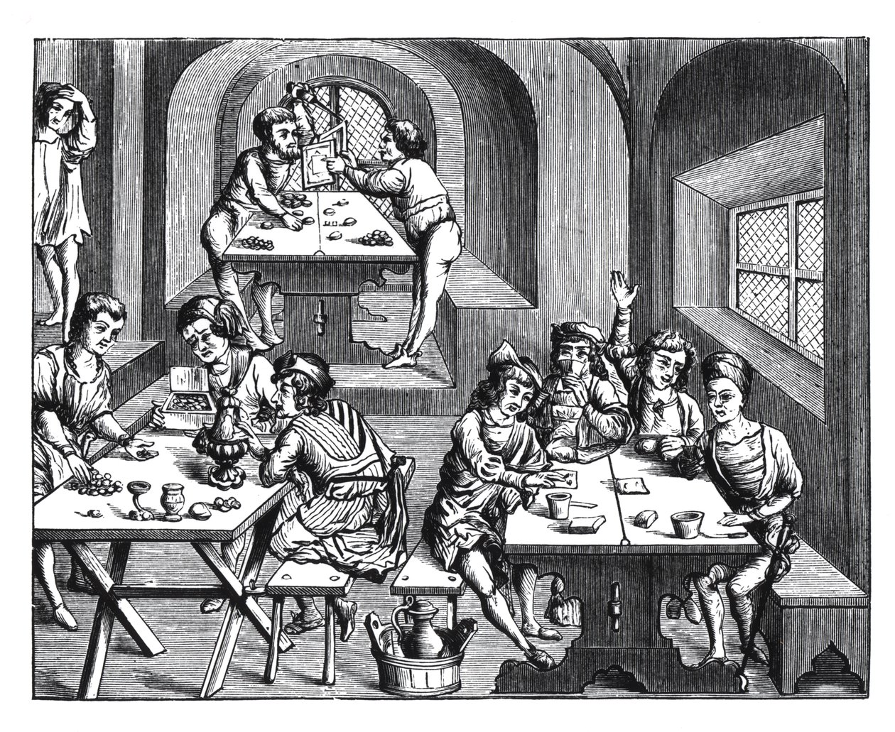 Interiør af et herberg, efter et træsnit i en folioudgave af Virgil, udgivet Lyons, 1517 af French School
