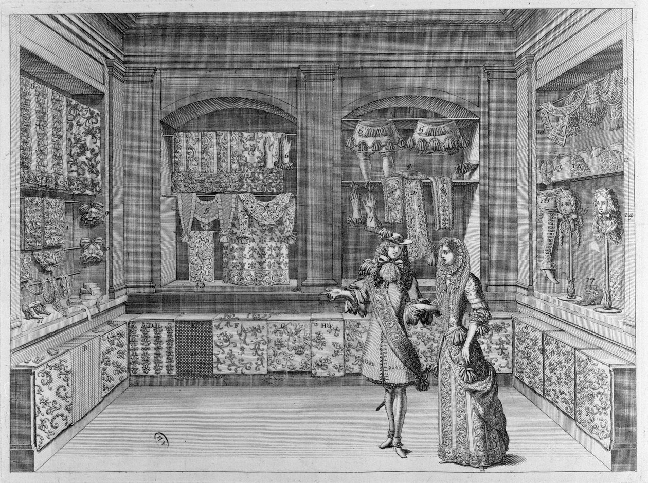 Interiør af en blondebutik, 1678 af French School