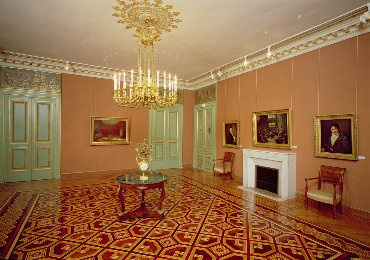 Interiør i en salon med marquetrygulve, 1700-1900-tallet af French School