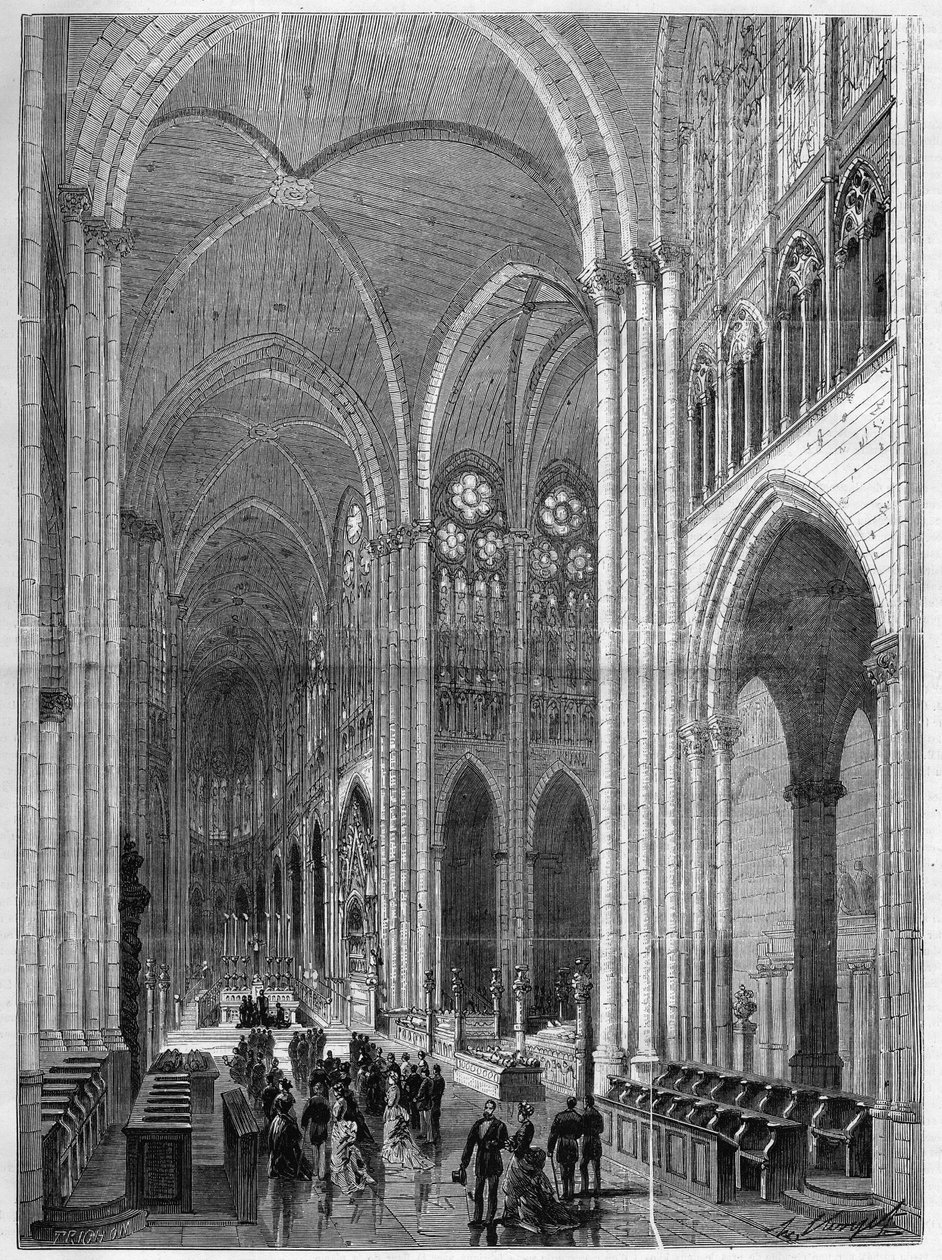 Interiør af basilikaen Saint Denis (Saint Denis) restaureret efter planerne fra Eugene Viollet-le-Duc (Viollet le Duc) (1814-1879). Indgravering i "The Illustrous Universe" af French School