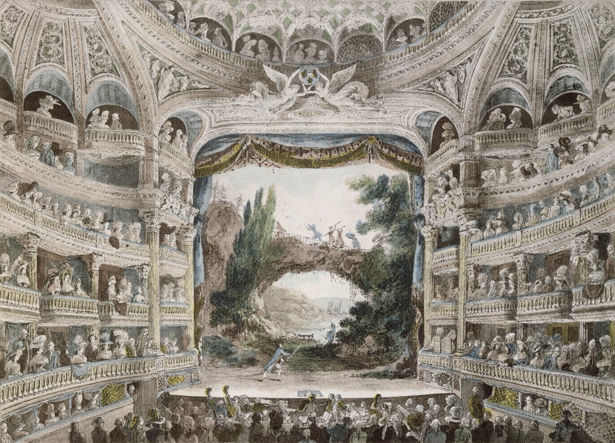 Interiør af Comedie Francaise Theatre i 1791, efter en original akvarel af French School