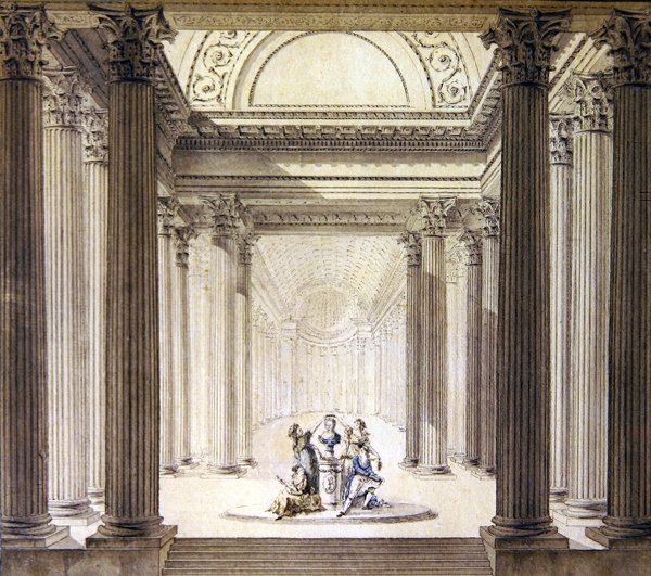 Interiør af dydens tempel, ca. 1770 (pen og blæk med akvarel på papir) af French School