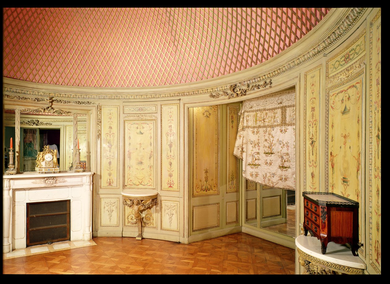 Badeværelsets interiør dekoreret med paneler af Christophe Huet (d.1759) af French School