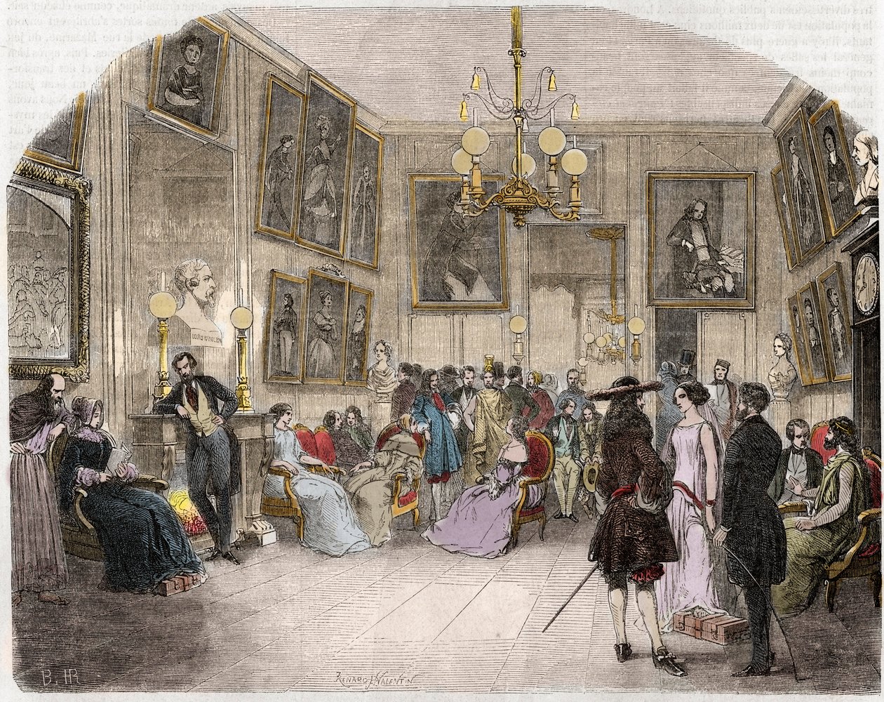 Indvendigt billede af greenroom (Comedie Francaise i Paris) - Indvendigt billede af kunstnernes foyer - Comedie Francaise - Indgravering i "Tableau-de-Paris"" af Edmond Texier 1852 af French School