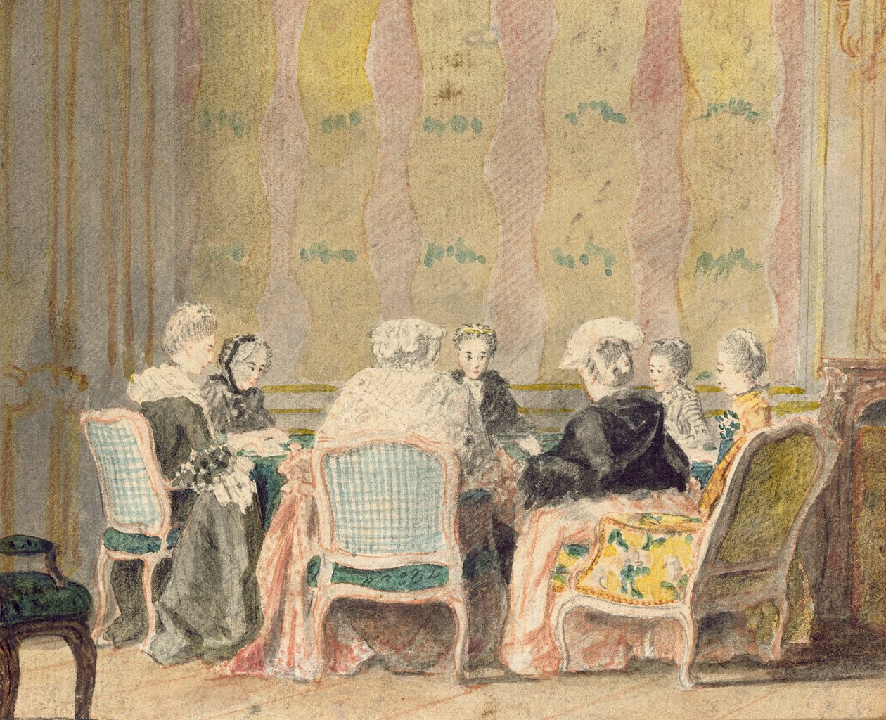 Interiør med damespillekort, 1770 (wc på papir) af French School