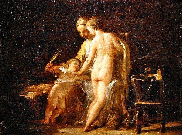 Interiør med en dame ved sit bad, ca.1800 (olie på panel( af French School