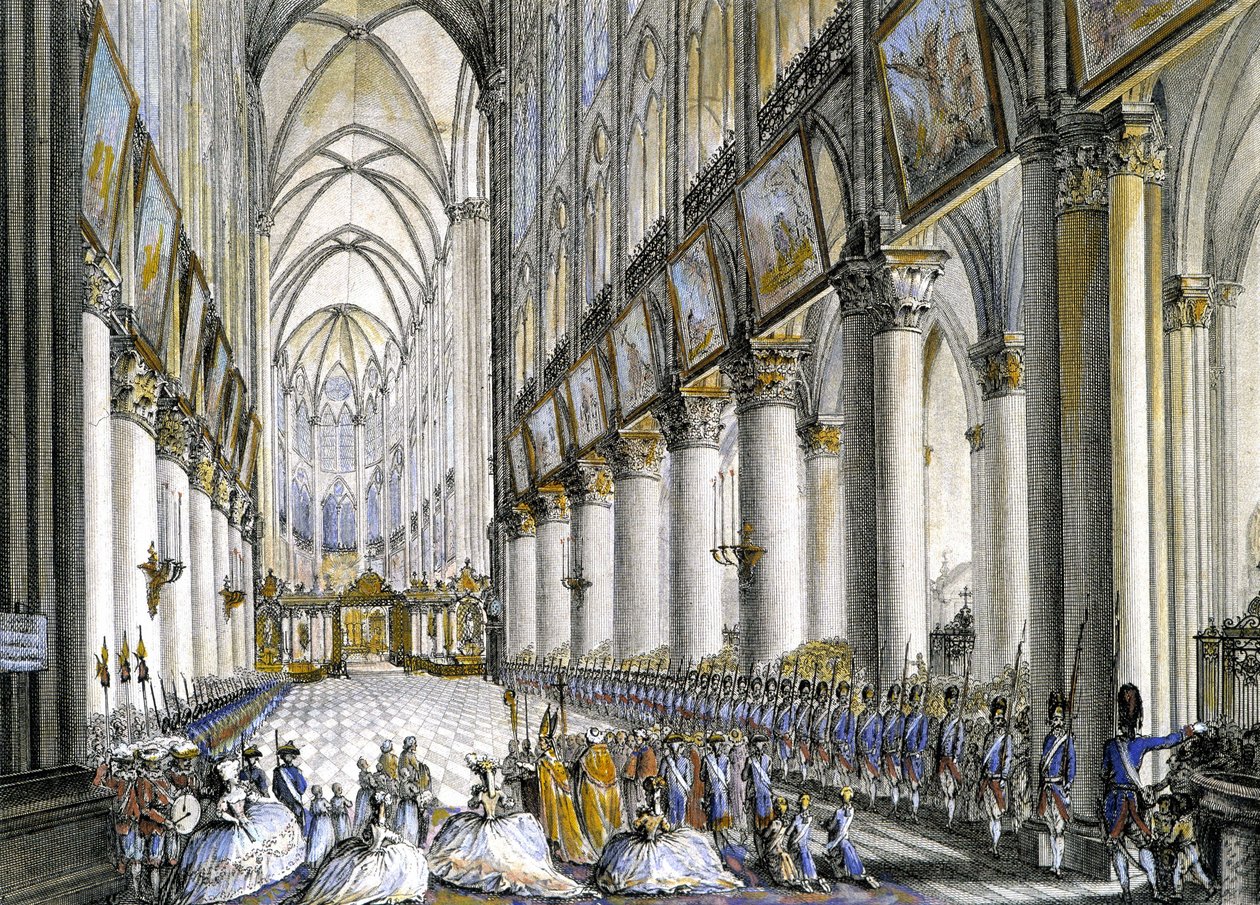 Indre syn på Notre-Dame de Paris, ved ankomsten af Marie Antoinette (1755-1793), dronning af Frankrig, for at deltage i den berømte messe for fødslen af hendes søn, den fremtidige Ludvig XVII (1785-1795). Gravering 1700-tallet. af French School