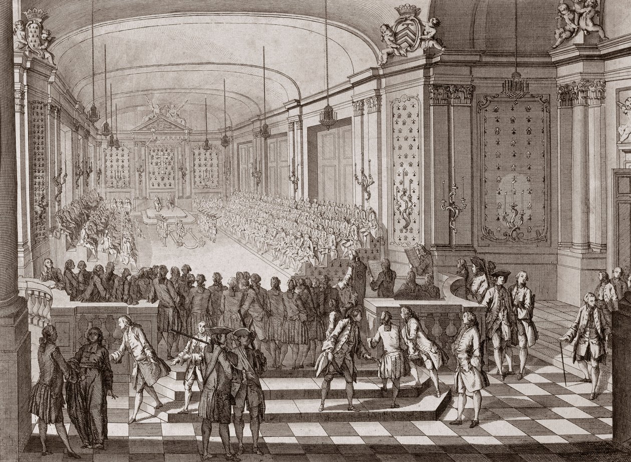 Indvendigt billede af Jacobins Hall, i Nantes, under afholdelsen af Bretagnes Forenede Stater i 1764. af French School