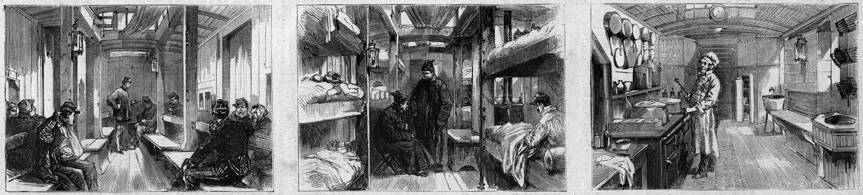 Indvendigt billede af ambulancevognen og køkkenvognen af et lægetog fra det franske Societe de secours aux weses militaires. Indgravering i "" Le Monde Illustré"" nr. 846 af 28. juni 1873. af French School