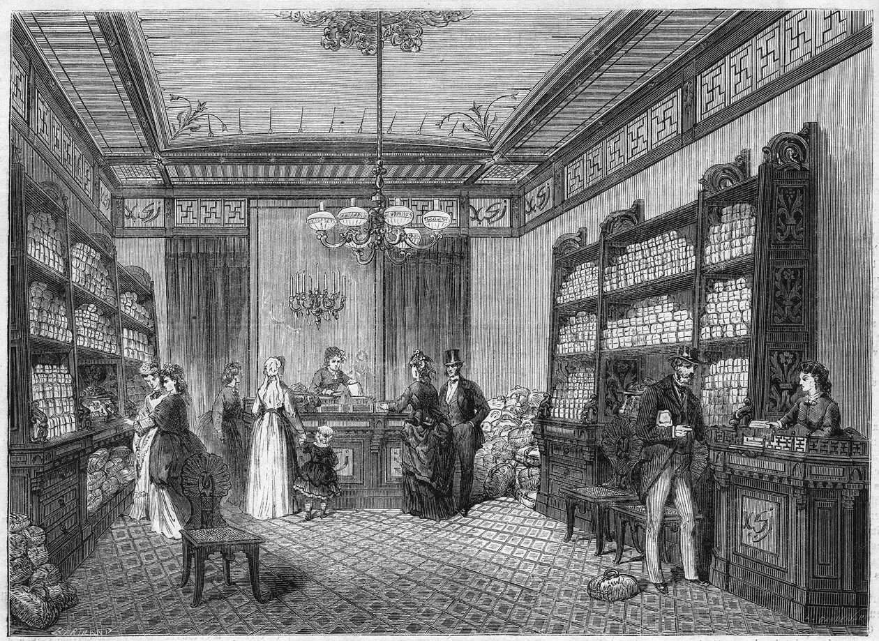 Indvendigt billede af kaffebaren "Compagnie du Moka-Zanzibar", beliggende i Paris på 47, rue Vivienne. Indgravering i "" Le Monde Illustré"" nr. 808 af 5. oktober af French School