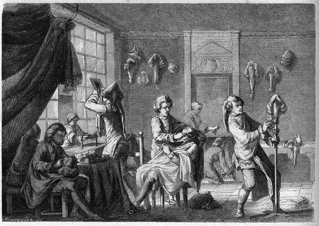 Indvendigt billede af butikken med en fransk paryk under Louis XV (1700-tallet). Gravering af Dargent af French School