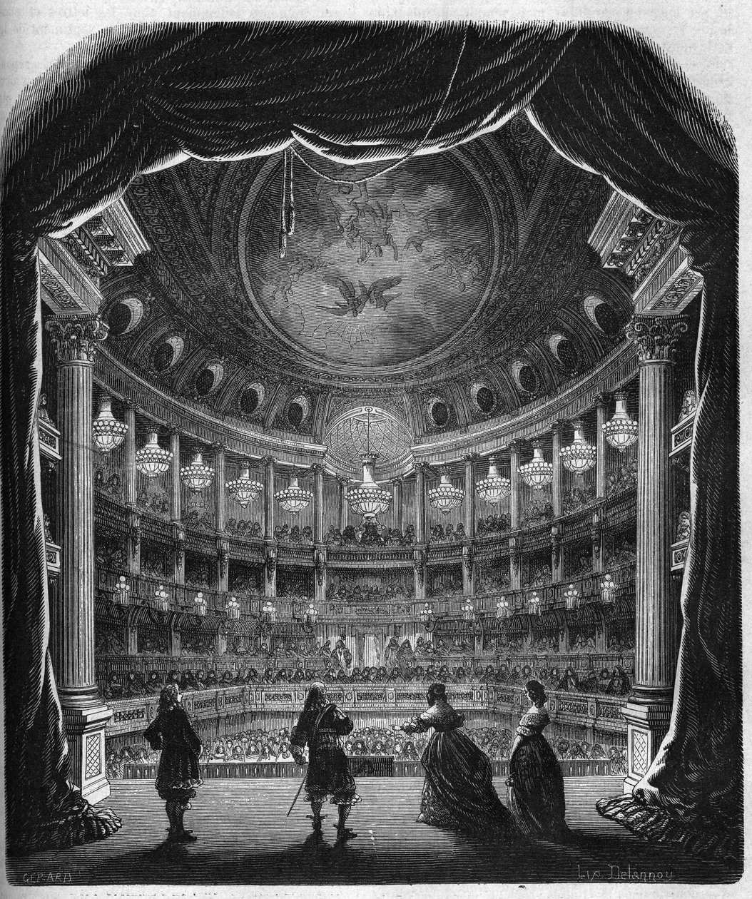 Indvendig udsigt over teatret på slottet i Versailles. Stik fra 1867-1868. af French School