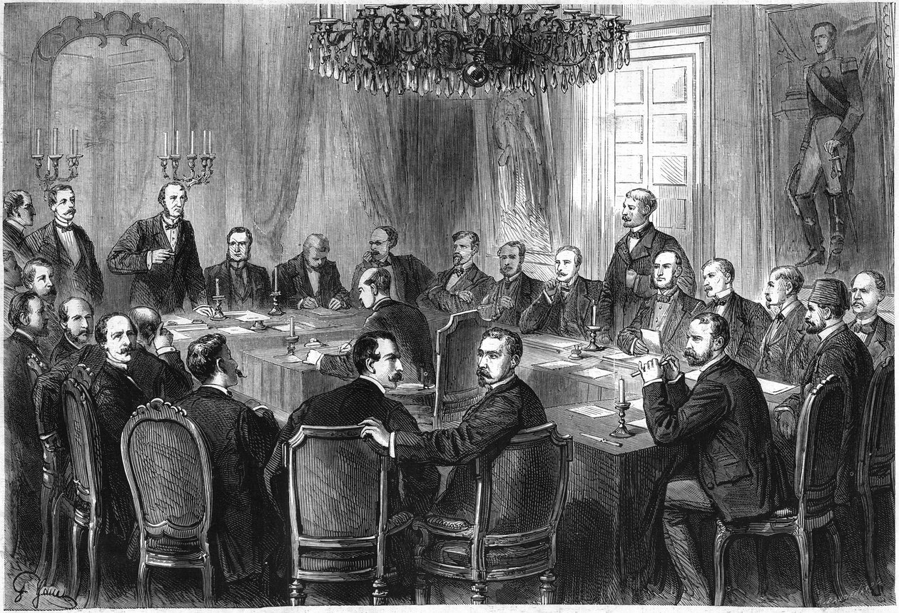 International War Congress, Bruxelles, juli-august 1874: Delegerede fra 15 europæiske stater mødes for at diskutere udkastet til en international erklæring om krigens love og skikke. Indgravering i "" Le Monde Illustré"" nr. 908 af 5. september af French School