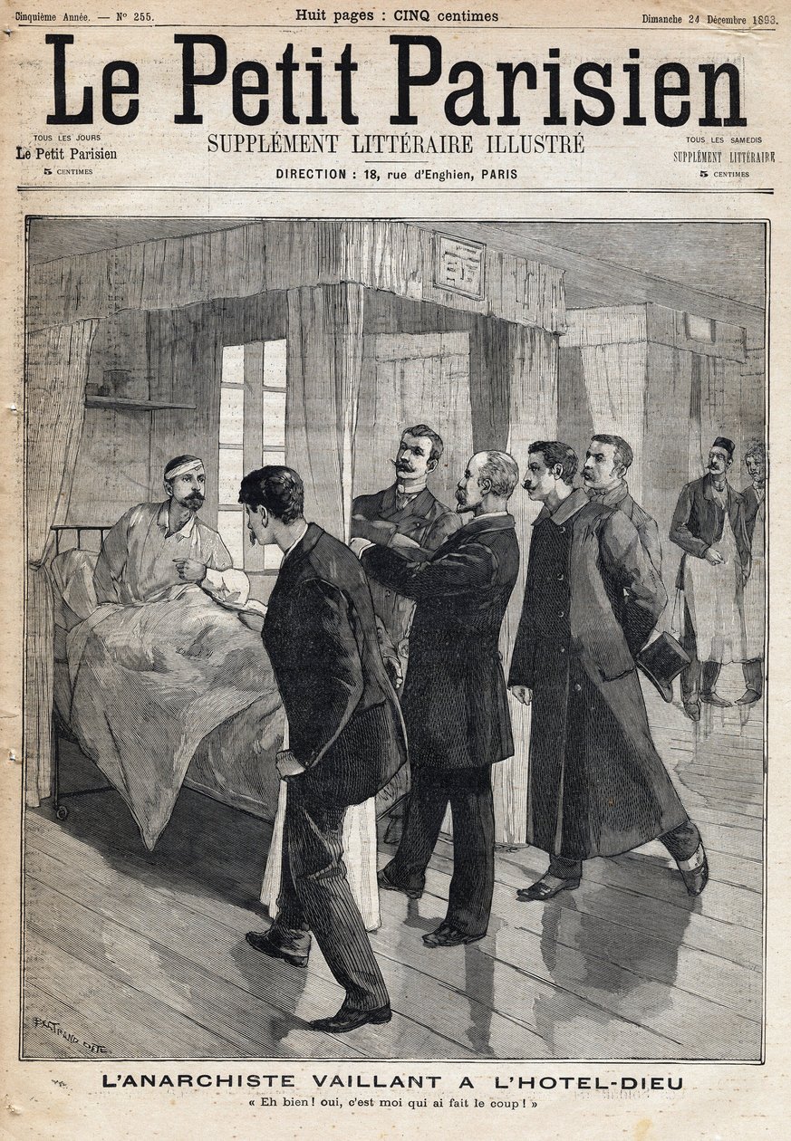 Forhør af anarkisten Auguste Vaillant (1861-1894) på Hotel dieu, som bekender angrebet, han begik den 9. december af French School