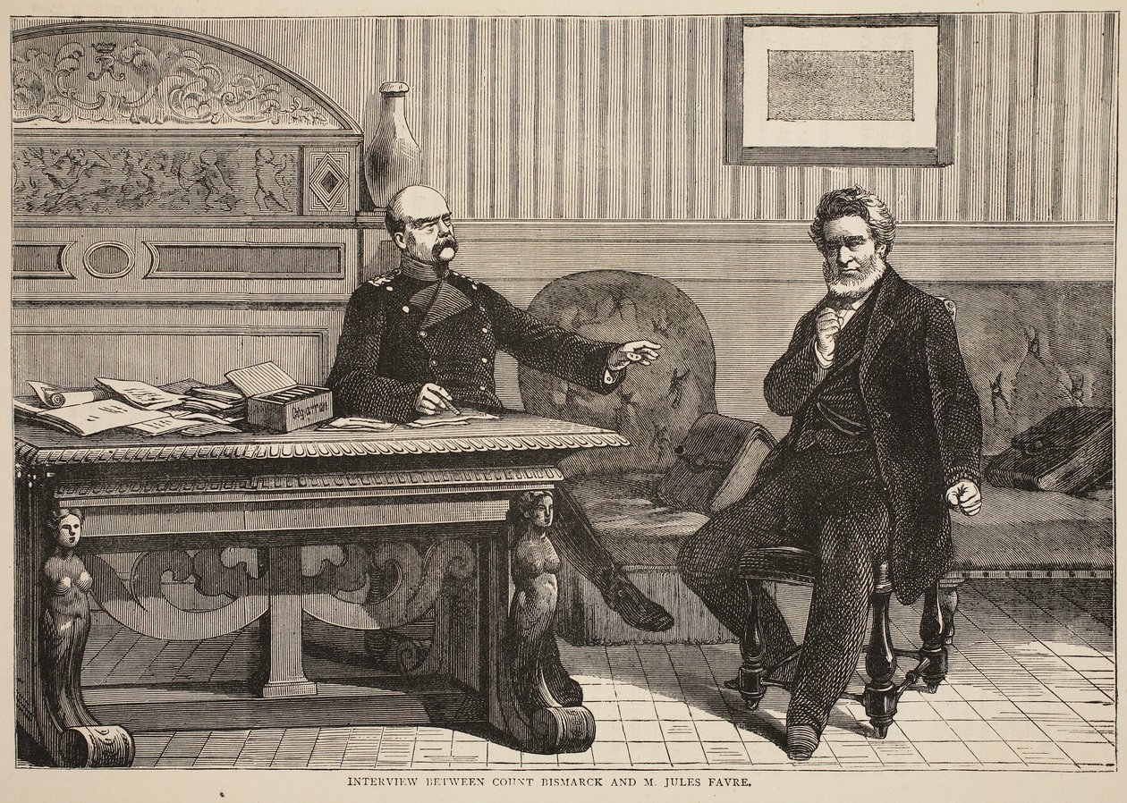 Interview mellem grev Bismarck og M. Jules Favre, september 1870, illustration fra Cassells historie om krigen mellem Frankrig og Tyskland, 1870-1871 af French School