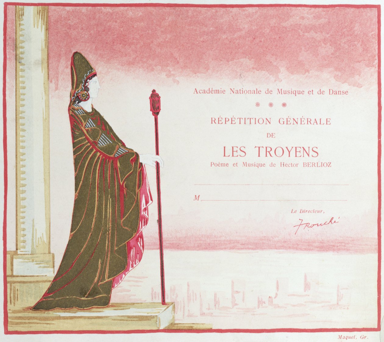 Invitation til opførelse af Les Troyens (Trojanerne) komponeret af Hector Berlioz (1803-69) ved Opera de Paris, 1921 af French School