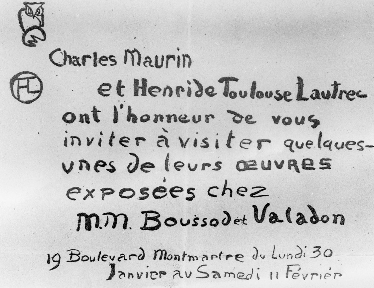 Invitation til en udstilling af Charles Maurins og Henri de Toulouse-Lautrecs værker af French School