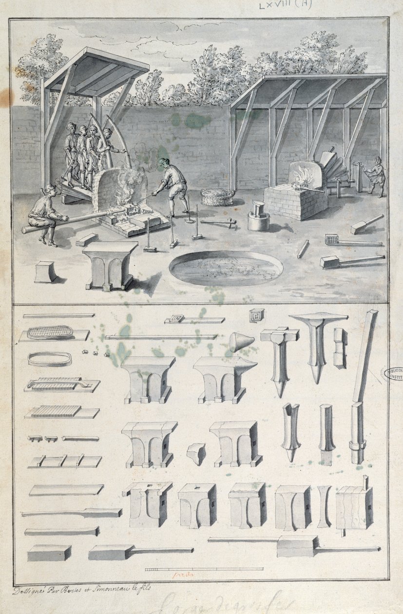Jernsmedje, tegning til Description des Arts et Métiers, af L. Simonneau, som inspirerede Diderot til Encyclopédie af French School