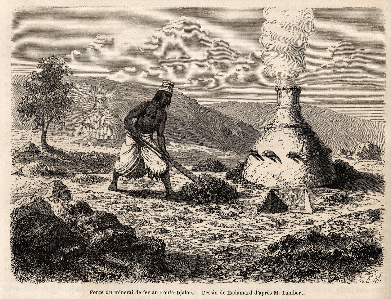 Smeltning af jernmalm ved Fouta Djalon, Senegal, tegning af Hadamard til illustration af løjtnant Lamberts rejse til Fouta Djalon i 1860. Gravering i "Le tour du monde" 1861. Selvas samling. af French School