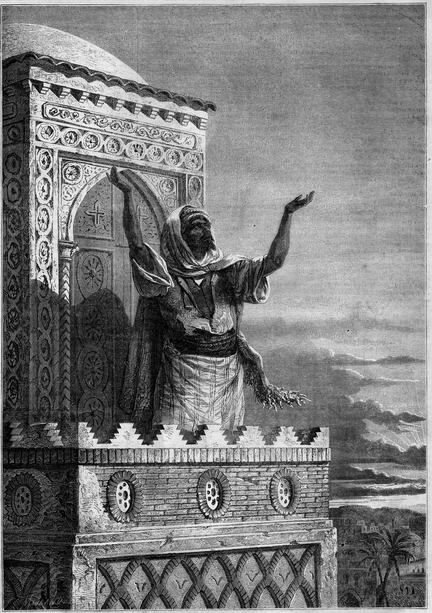 Islam: Muezzin kalder de troende til aftenbønnen fra minareten i en moské i Afrika. Indgravering i "" Le Monde Illustré"" nr. 297 af 20. december 1862. af French School