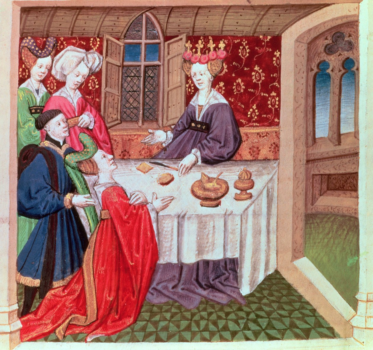 Isolde bønfalder Dronning Guinevere om beskyttelse, Roman du Chevalier Tristan af French School