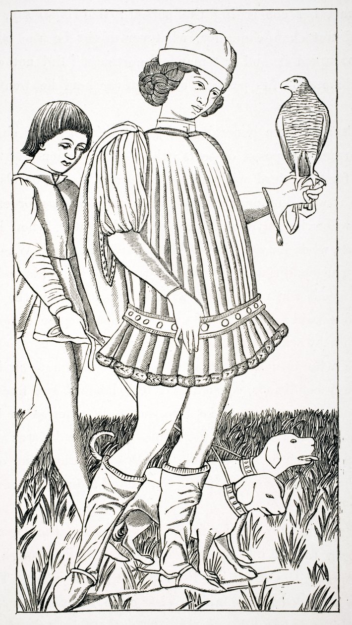 Italiensk adelsmand holder en høg, efter et spillekort indgraveret på kobber, ca. 1460, fra 