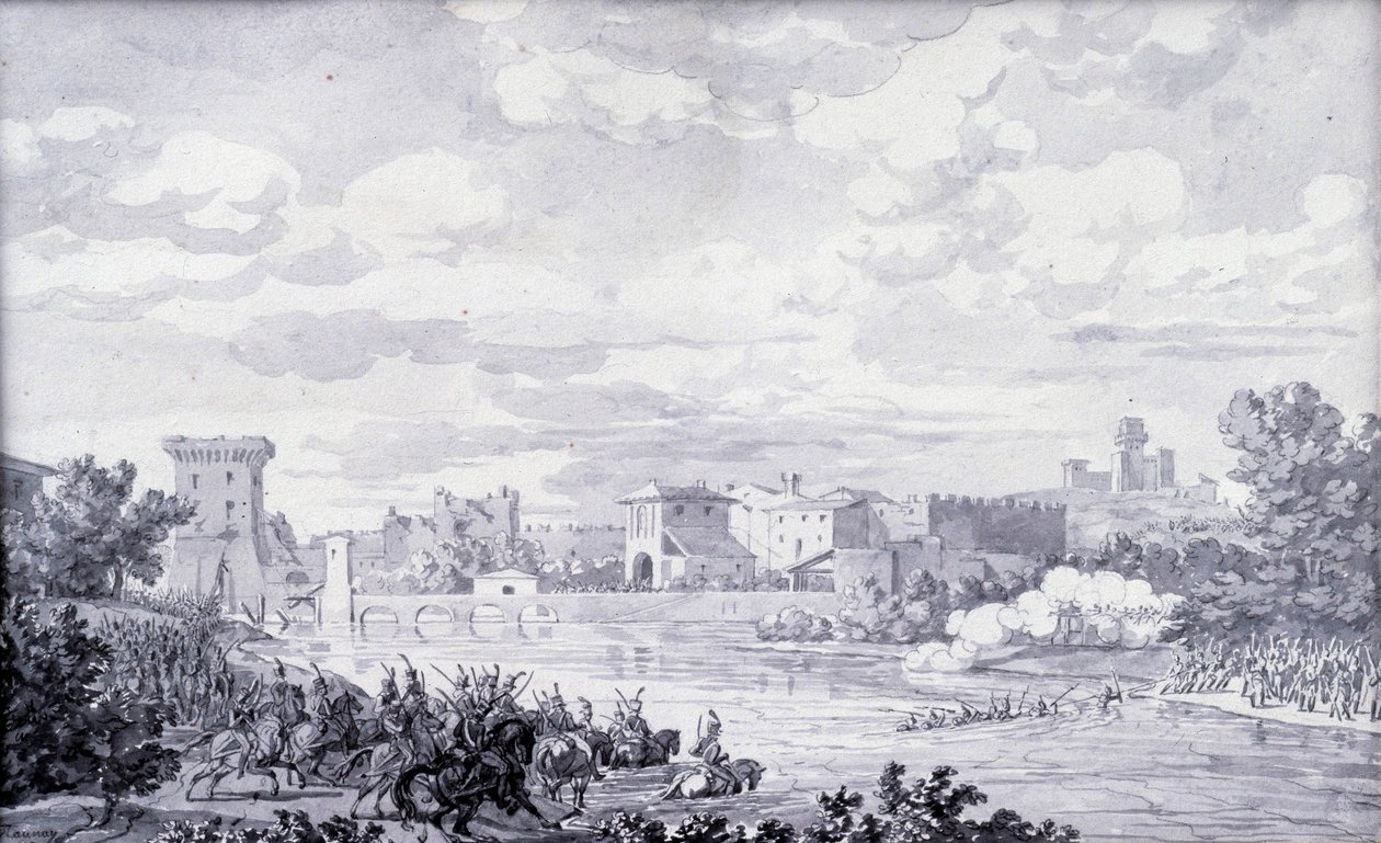 Italiensk landskab: den franske hær passerede floden Mincio til Borghetto i 1796. Anonym tegning. Paris, Louvre-museet af French School