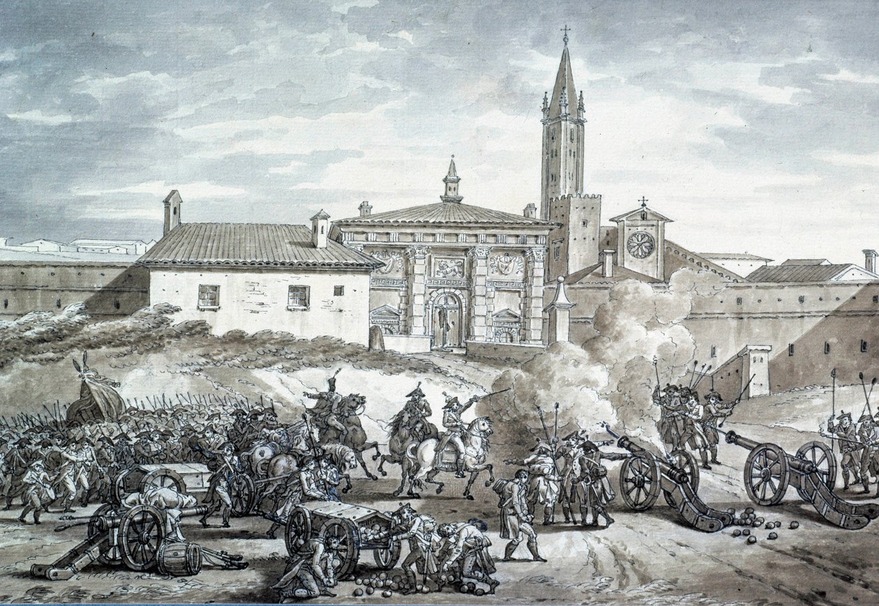 Italiensk landskab: Besættelsen af Verona af Napoleon Bonapartes franske hær (1789-1821). Anonym tegning omkring 1797. Paris, Louvre-museet af French School