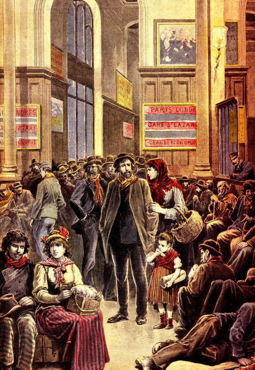Italienske emigranter i Paris på Gare Saint Lazare banegård i marts 1896 (gravering) af French School