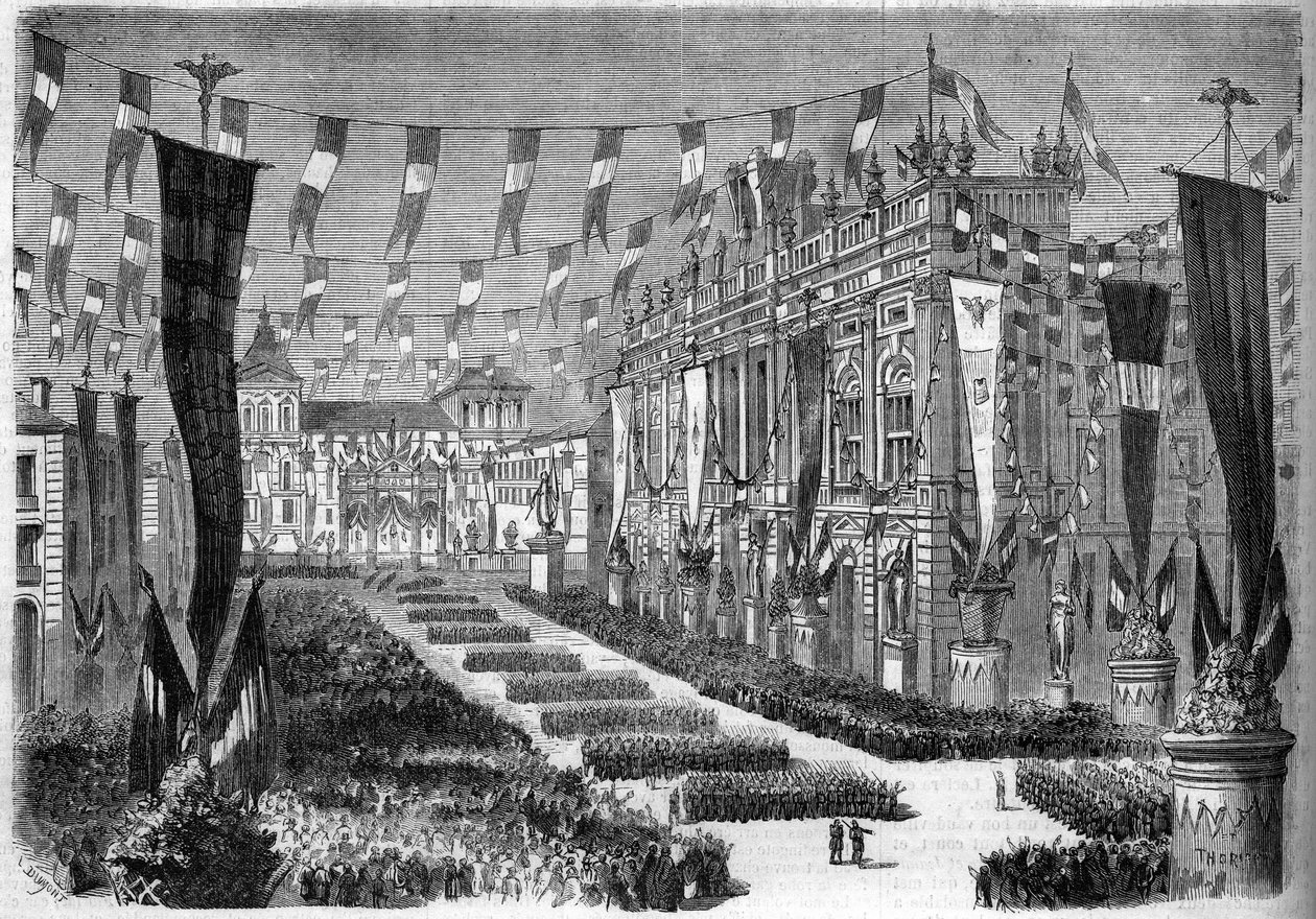 Italiensk forening, Torino, 2. april 1860: udsmykning af slotspladsen (Piazza Castello) i anledning af åbningen af det italienske parlament. Indgravering i "" Le Monde Illustré"" nr. 157 af 14. april 1860. af French School