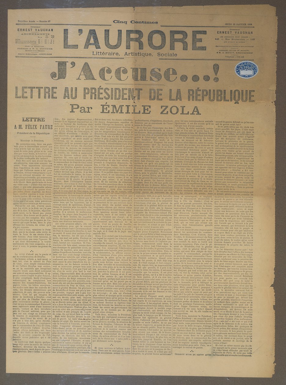 JAnklagebrev af Emile Zola (1840-1902), udgivet i LAurore, 13. januar 1898 (tryk) af French School