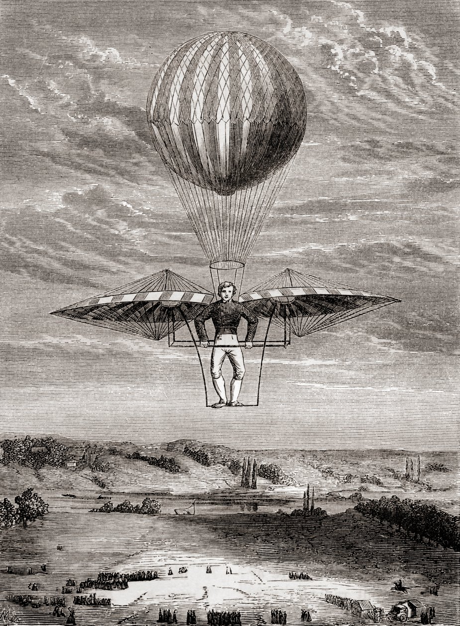 Jacob Degens ornitopter fra 1808 med klapventiler, hvor piloten stod på en stiv ramme og betjente vingerne med en bevægelig vandret stang, fra 