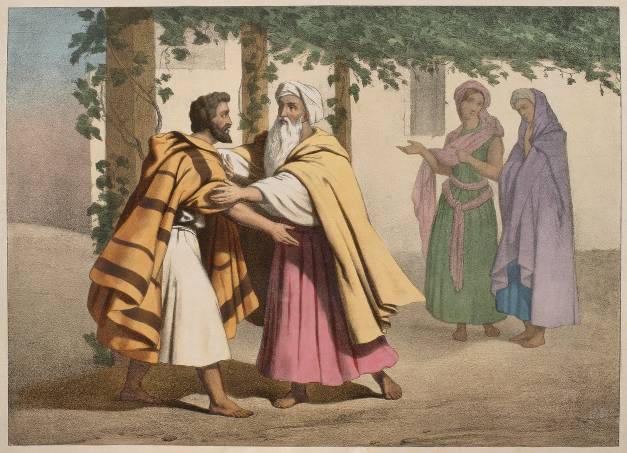 Jacob med Laban og hans døtre, illustration fra en katekismus LHistoire Sainte, udgivet af Charles Delagrave, Paris, slutningen af det 19. århundrede af French School