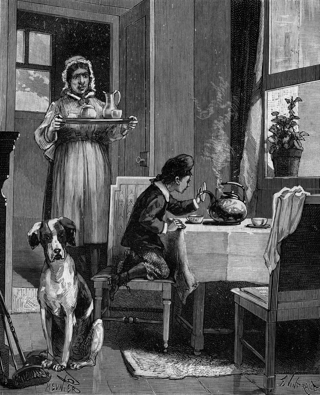 James Watt (1736-1819), et barn, der opdager dampens love. af French School