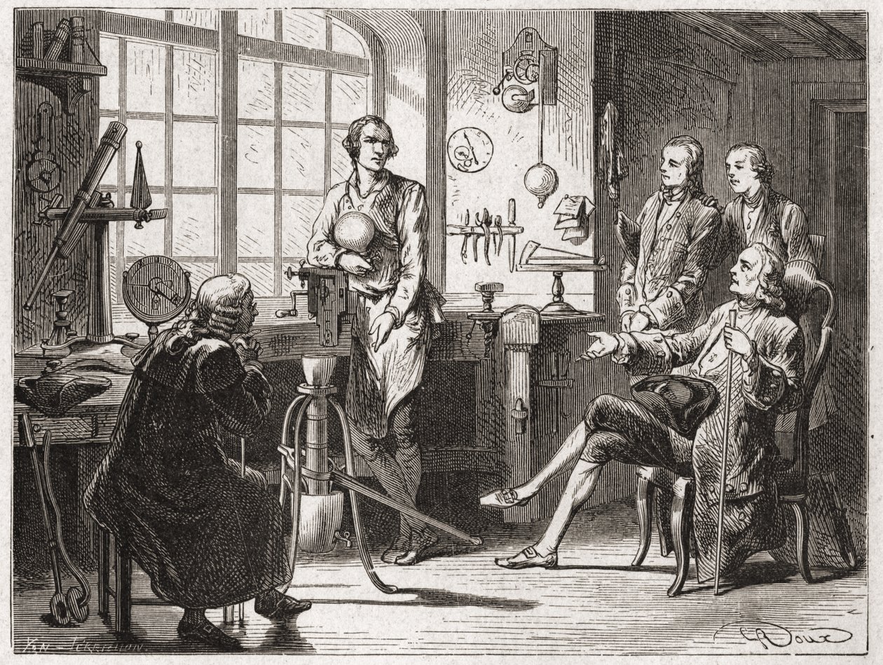 James Watt (opfinder af dampmaskinen i 1769) i sin butik i Glascow - i "" Album of Science; berømte videnskabsmænd; Store opdagelser””” 1896. af French School