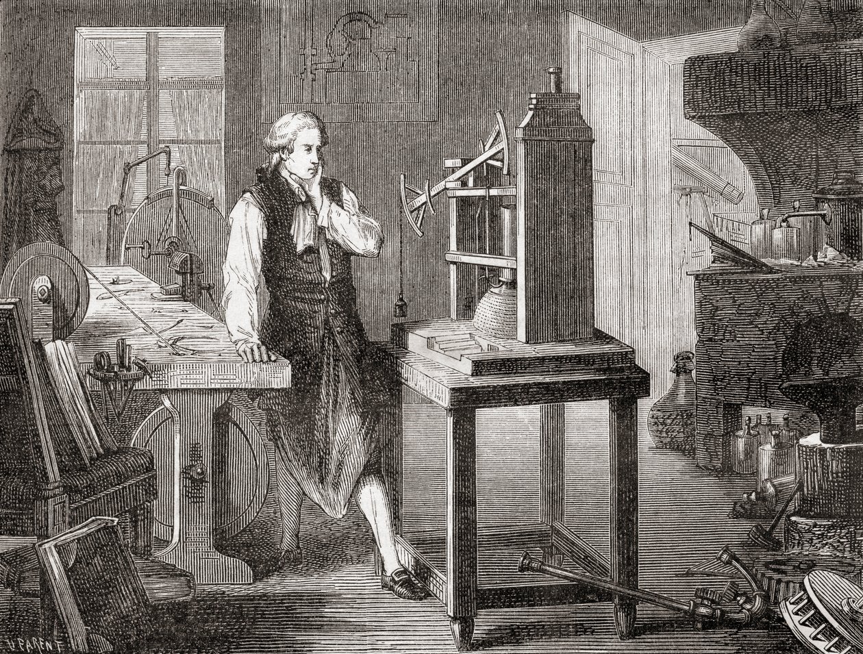 James Watt i sit Glasgow-værksted forbedrede Thomas Newcomens 1712 Newcomen-dampmaskine med sin Watt-dampmaskine i 1781, fra Les Merveilles de la Science, pub.1870. af French School